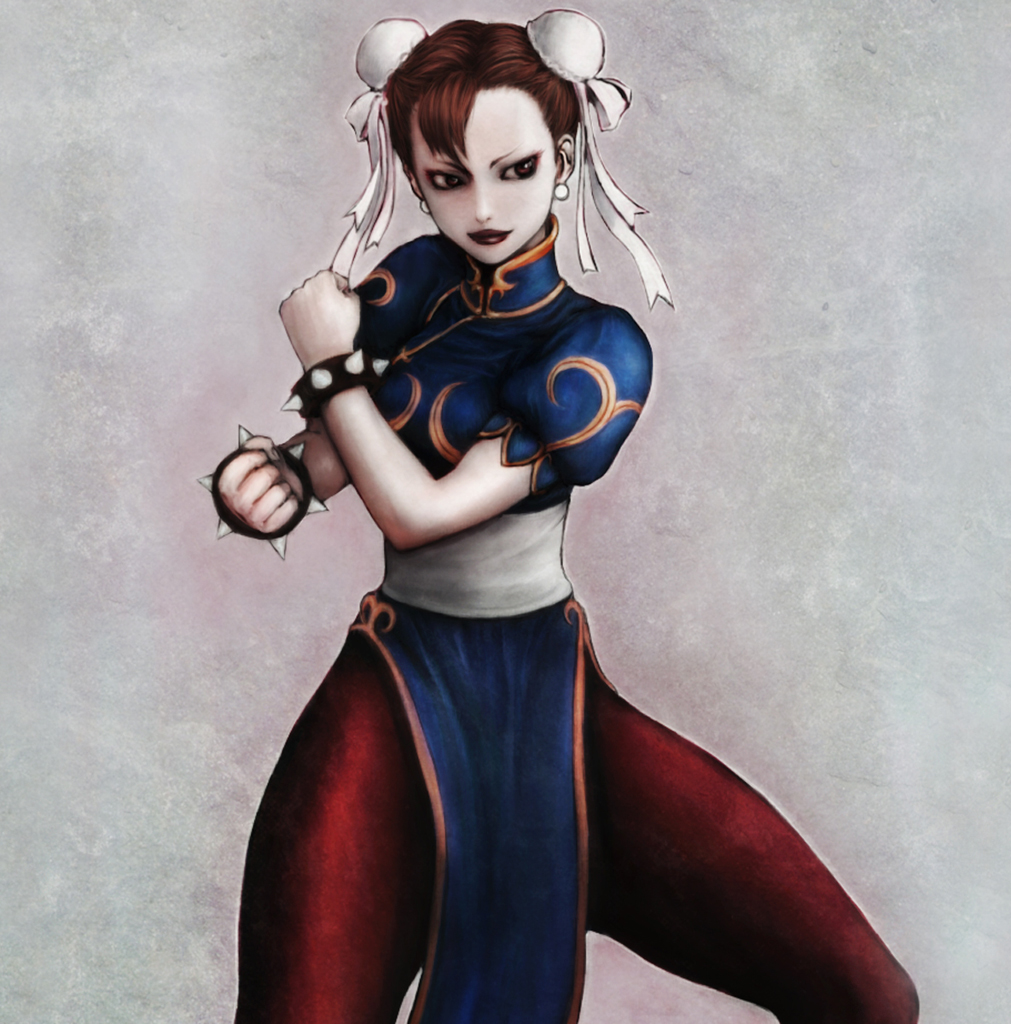marimo (pixiv 516046), chun-li, capcom, street fighter, bad id, bad pixiv id, 1girl, bracelet, brown eyes, brown hair, bun cover, china dress, chinese clothes, double bun, dress, female focus, hair bun, jewelry, pale skin, pantyhose, pelvic curtain, solo, spiked bracelet, spikes