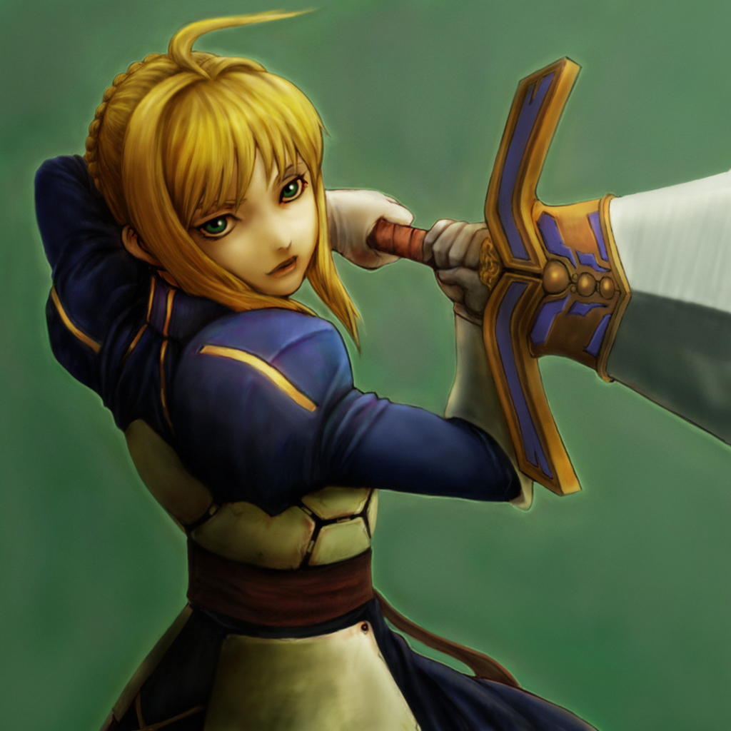 marimo (pixiv 516046), artoria pendragon (fate), saber (fate), fate/stay night, fate (series), bad id, bad pixiv id, 00s, ahoge, armor, blonde hair, green eyes, short hair, solo, sword, weapon