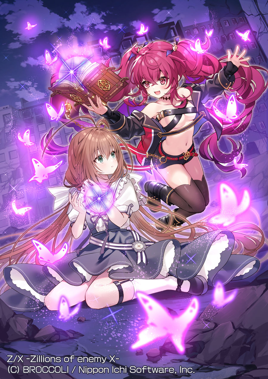okanoyuno, z/x, highres, official art, 2girls, antenna hair, bat hair ornament, belt, belt bra, black jacket, black shoes, black shorts, black thighhighs, book, breasts, brown hair, bug, butterfly, copyright notice, dress, frilled dress, frills, glowing butterfly, green eyes, hair ornament, holding, holding book, insect, jacket, kurosaki kasuga, long hair, low twintails, medium breasts, multiple girls, nei (z/x), open book, open clothes, open jacket, open mouth, outdoors, red belt, red eyes, red hair, shoes, shorts, socks, sparkle, thighhighs, twintails, very long hair, white socks, wings