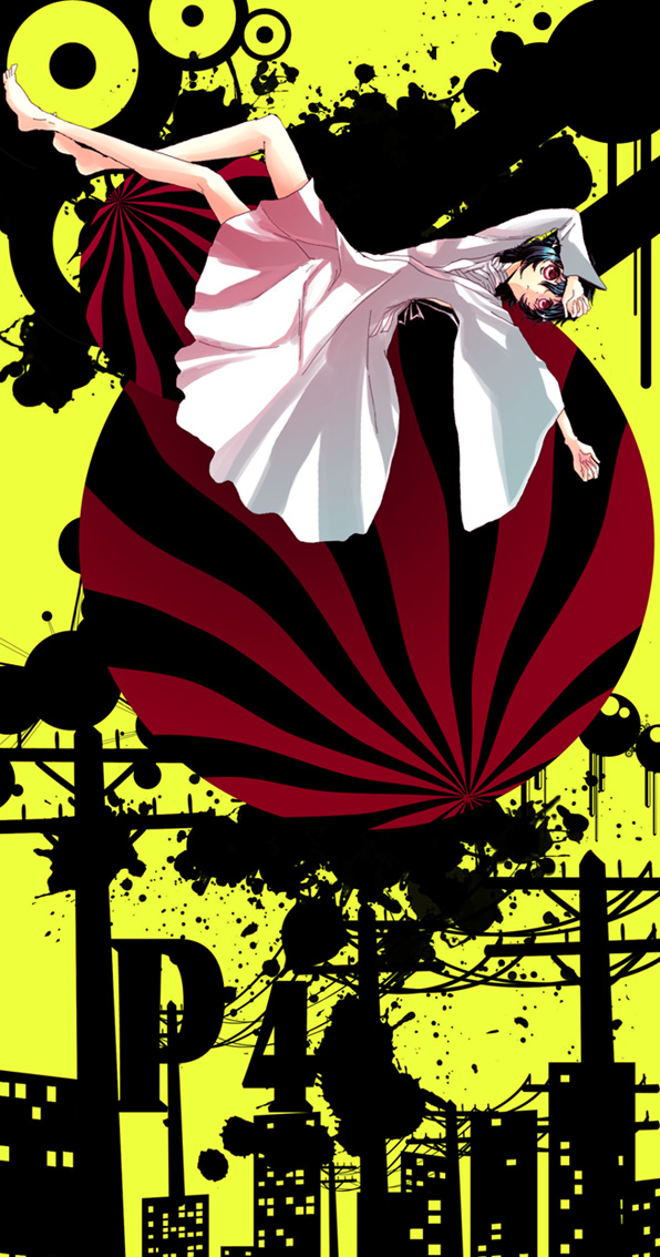 haru (pixiv275656), takao hami, izanami (persona), atlus, persona, persona 4, silver hair, bad id, bad pixiv id, 1girl, city, copyright name, dress, female focus, full body, long sleeves, looking at viewer, outdoors, pole, power lines, short hair, simple background, solo, white dress, yellow background