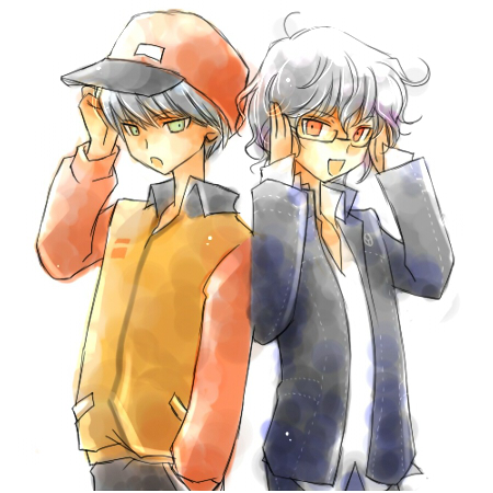 tose, izanami (persona), narukami yu, atlus, persona, persona 4, bad id, bad pixiv id, lowres, 2boys, androgynous, cosplay, costume switch, glasses, male focus, multiple boys, reverse trap