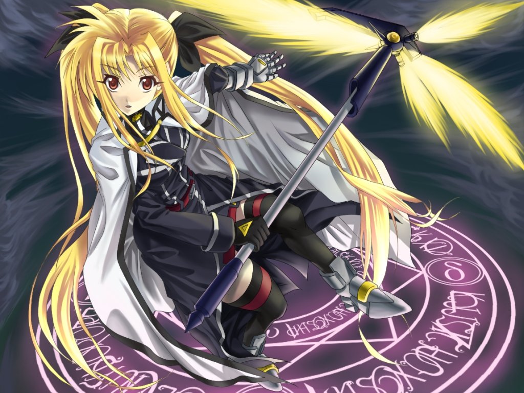bardiche (nanoha), fate testarossa, lyrical nanoha, mahou shoujo lyrical nanoha, device, 00s, 1girl, blonde hair, female focus, full body, magic circle, red eyes, solo, standing, weapon