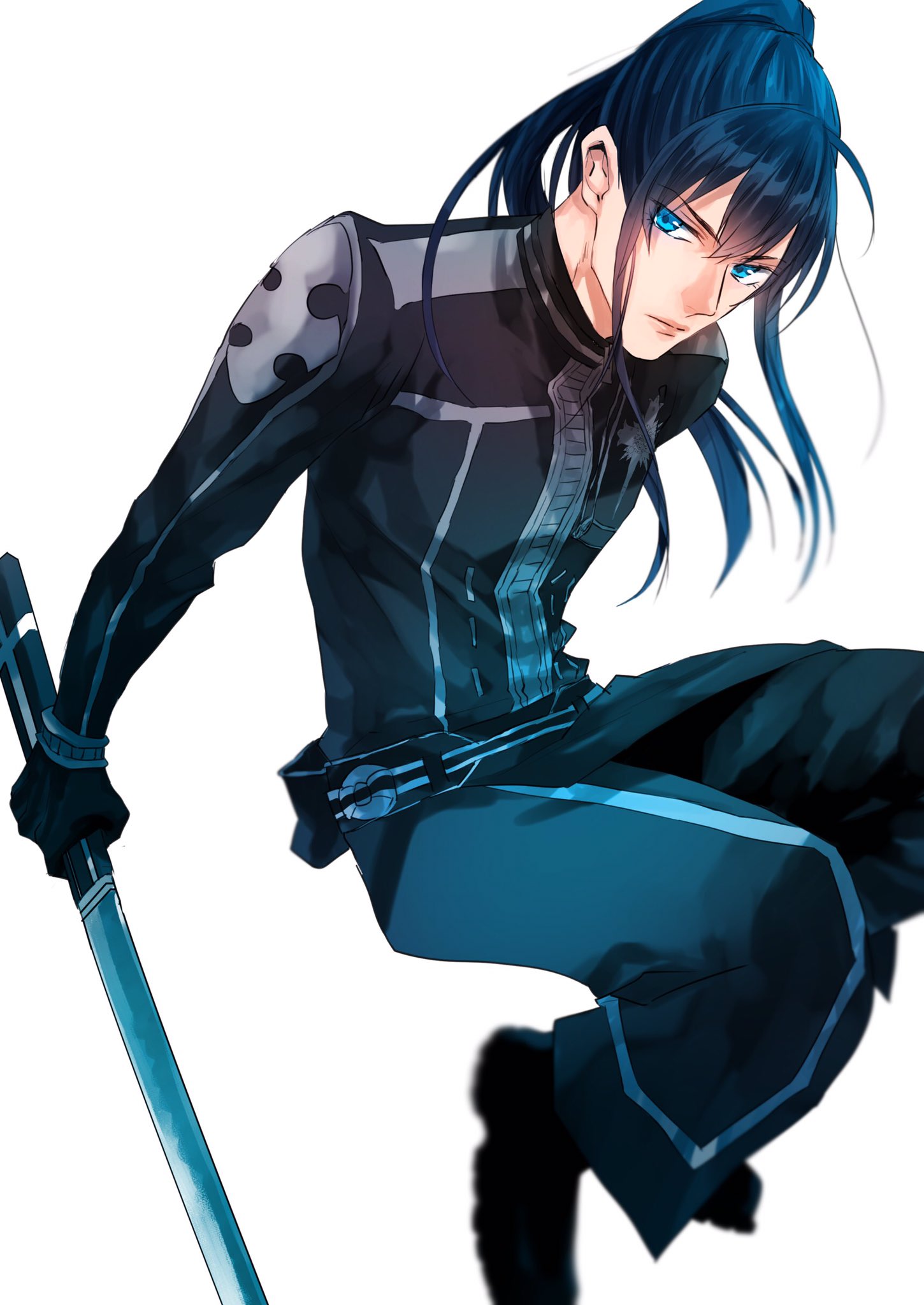 kanda yuu, d.gray-man, highres, 1boy, belt, belt pouch, black boots, black gloves, black jacket, black order uniform, black pants, blue eyes, blue hair, boots, cross, emblem, front zipper, frown, gloves, hair between eyes, high ponytail, holding, holding sword, holding weapon, jacket, koshian (mruc9), long hair, long sleeves, looking at viewer, male focus, pants, ponytail, pouch, sheath, sheathed, sidelocks, simple background, single glove, solo, striped clothes, striped jacket, striped pants, sword, vertical-striped clothes, vertical-striped jacket, vertical-striped pants, weapon, white background, zipper