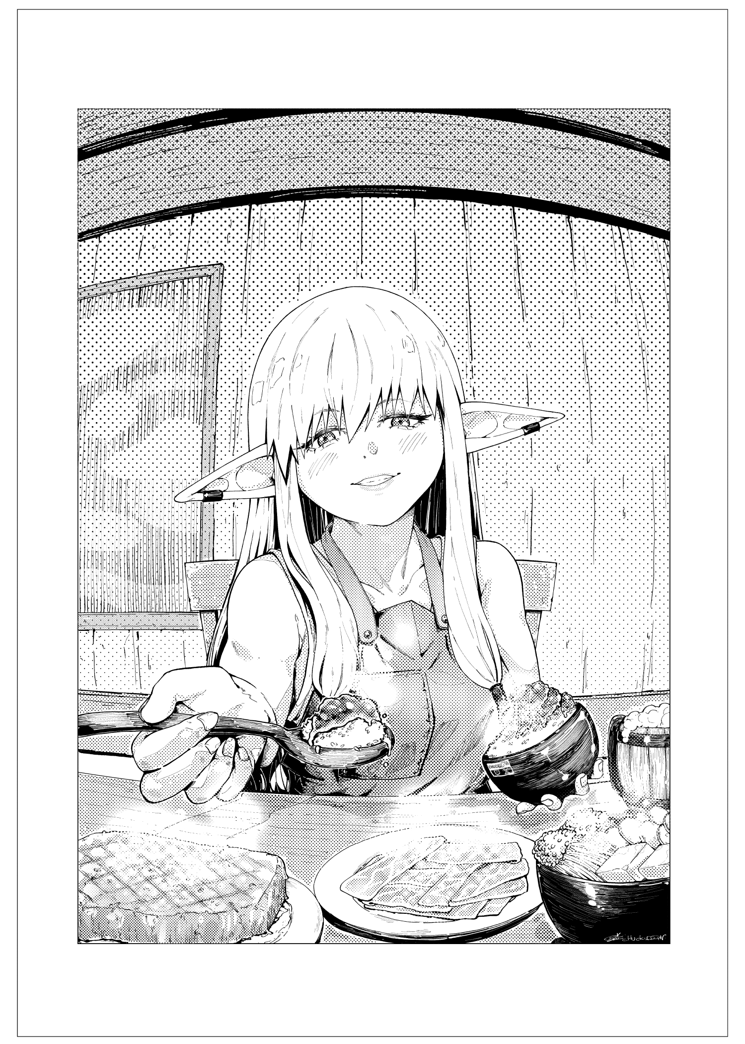 chuckuddin, serie (sousou no frieren), sousou no frieren, commentary, highres, 1girl, blush, bowl, chair, earclip, elf, fisheye, food, foreshortening, greyscale, grin, hair tubes, holding, holding bowl, holding spoon, incoming food, indoors, lips, long hair, long pointy ears, looking at viewer, low-tied sidelocks, monochrome, outstretched arm, overalls, pointy ears, pov, rice, sidelocks, sitting, smile, solo, spoon, steak, table