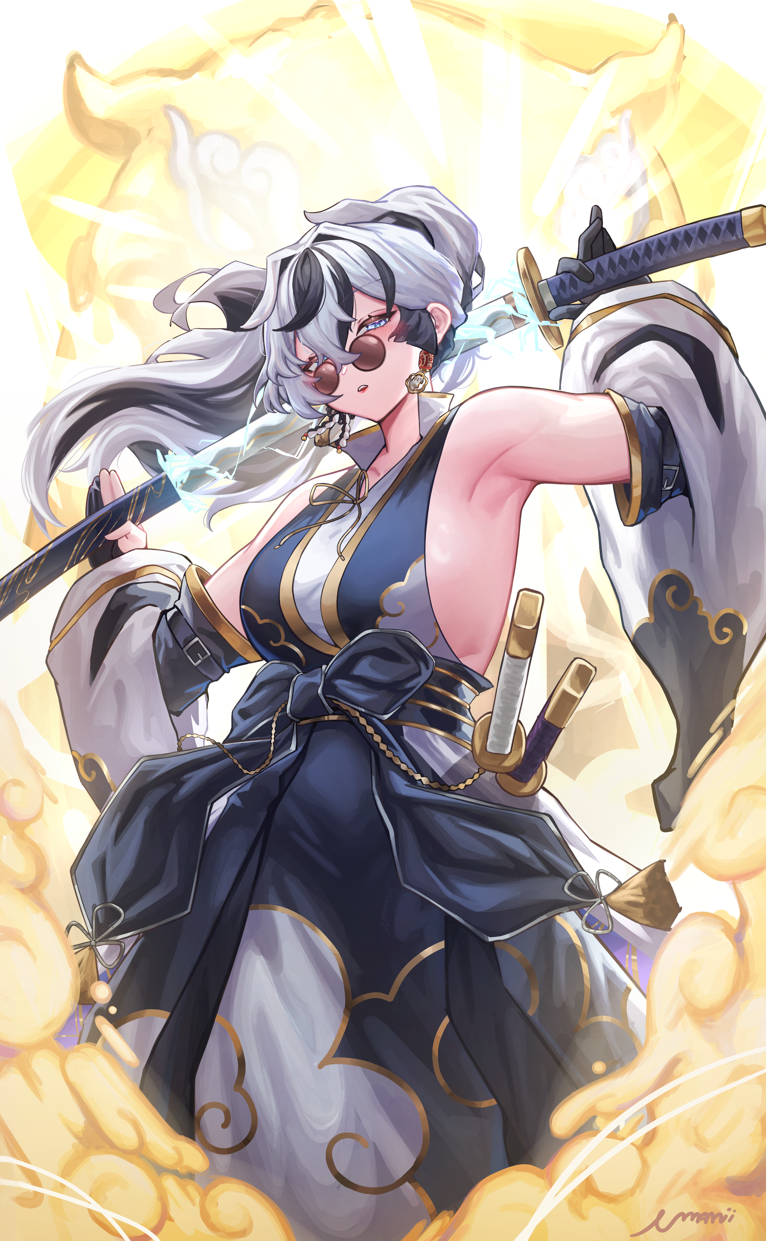 umamii, algorhythm project, absurdres, highres, 1girl, armpits, baku (algorhythm project), black dress, black gloves, black hair, breasts, brown-framed eyewear, dress, earrings, gloves, holding, holding sword, holding weapon, japanese clothes, jewelry, large breasts, long hair, medium breasts, multicolored hair, round eyewear, solo, streaked hair, sword, virtual youtuber, weapon, white hair