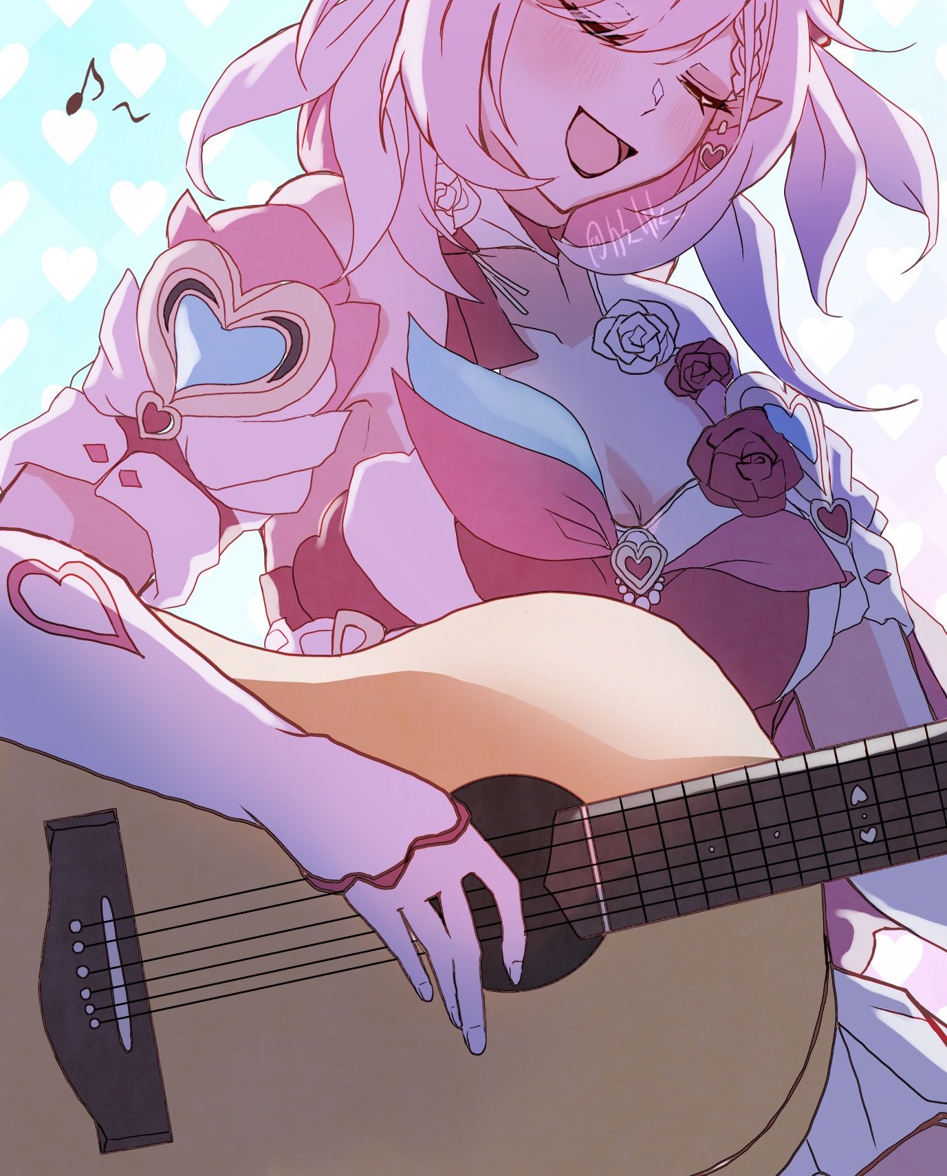 h3 hk, elysia (hi love elf) (honkai impact), elysia (honkai impact), honkai (series), honkai impact 3rd, commentary, english commentary, highres, 1girl, blue background, breasts, cleavage, dress, earrings, elf, guitar, heart, heart background, heart earrings, instrument, jewelry, large breasts, long hair, multicolored hair, music, musical note, open mouth, pink hair, playing guitar, playing instrument, pointy ears, red dress, solo, two-tone hair, very long hair, white hair