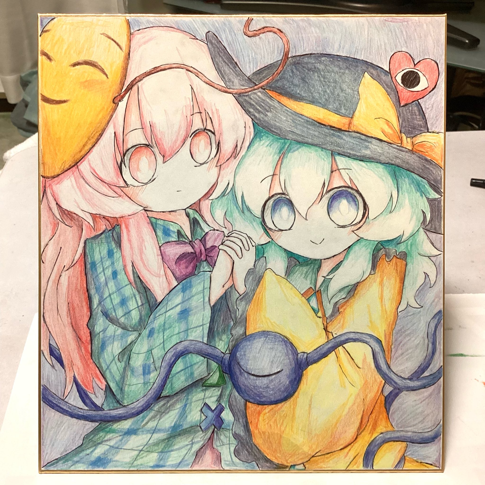 heripantomorrow, hata no kokoro, komeiji koishi, touhou, colored pencil (medium), commentary, highres, symbol-only commentary, traditional media, 2girls, black hat, blue eyes, bow, bowtie, buttons, diamond button, emoji, expressionless, eyeball, frilled shirt collar, frilled sleeves, frills, green hair, green shirt, hat, hat ribbon, heart, holding hands, mask, mask on head, multiple girls, pink eyes, pink hair, plaid clothes, plaid shirt, purple bow, purple bowtie, ribbon, shirt, smile, third eye, wide sleeves, yellow ribbon, yellow shirt