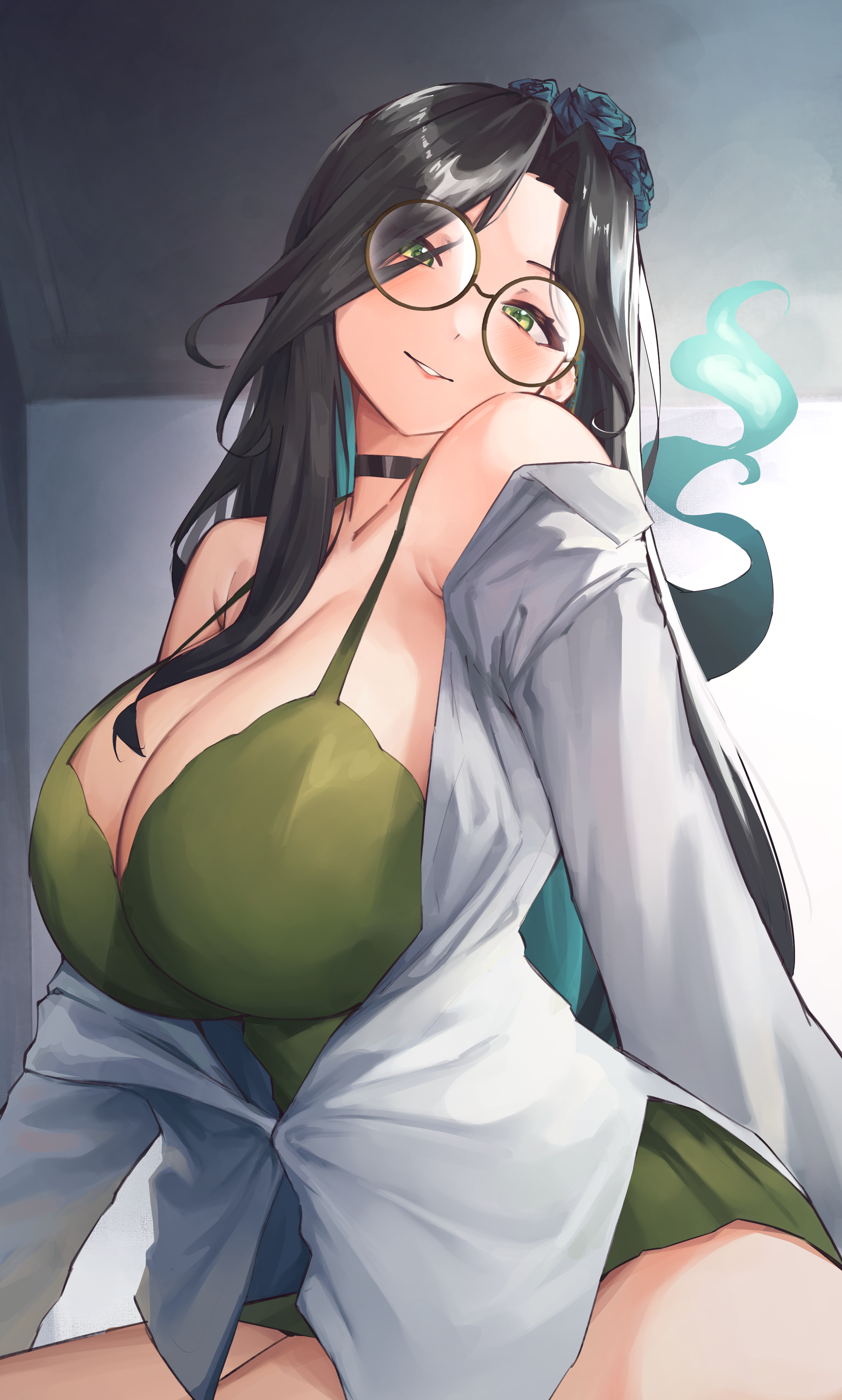 umamii, evalia (algorhythm project), algorhythm project, absurdres, commentary, english commentary, highres, 1girl, black hair, breasts, dress, glasses, green dress, green eyes, large breasts, multicolored hair, open clothes, open shirt, shirt, smile, solo, virtual youtuber, white shirt