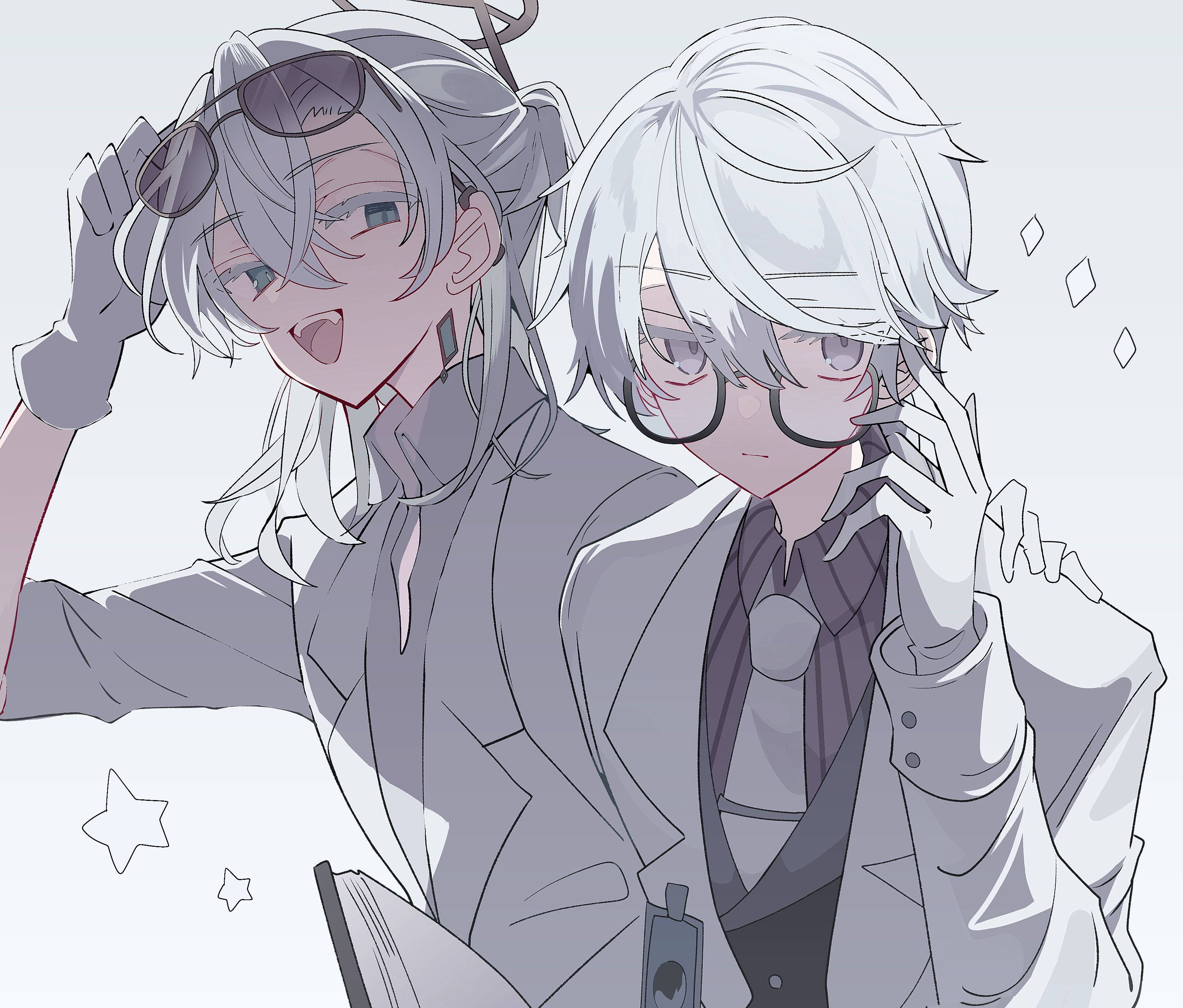 potechi (kaoriion613), aesop carl, aesop carl ("gatto"), luca balsa, luca balsa (paranormal detective), identity v, absurdres, highres, 2boys, :d, book, colored eyelashes, expressionless, eyewear on head, fangs, glasses, gloves, green eyes, grey eyes, grey hair, grey shirt, hair between eyes, half-closed eyes, half updo, holding, holding book, jacket, looking back, looking to the side, male focus, multiple boys, necktie, open mouth, ponytail, semi-rimless eyewear, shirt, smile, striped clothes, striped shirt, sunglasses, white gloves, white hair, white jacket, white necktie