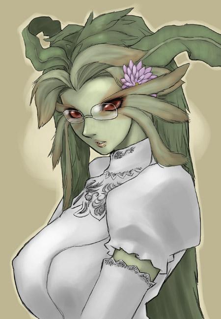 garuda (final fantasy), final fantasy, final fantasy xi, 00s, colored skin, glasses, green skin, monster girl, plant girl, red eyes, solo