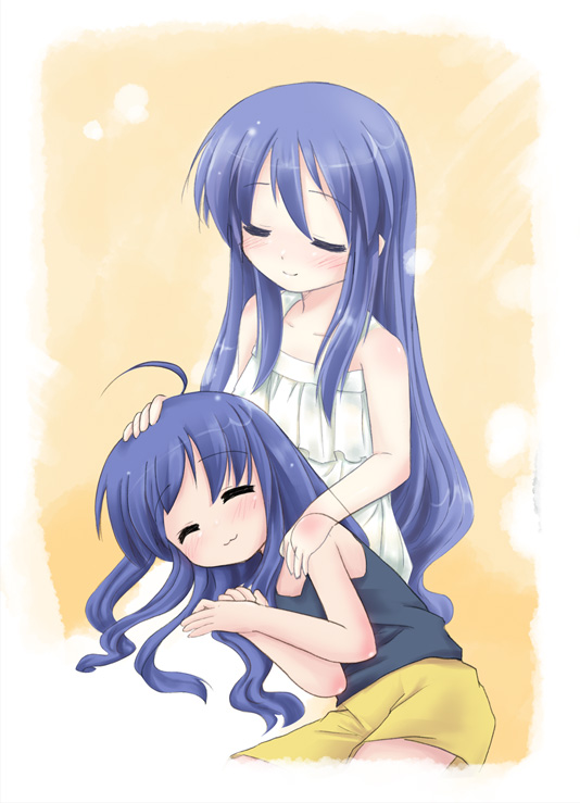 niiya, izumi kanata, izumi konata, lucky star, 00s, age difference, ahoge, casual, closed eyes, ghost, mother and daughter, sleeping