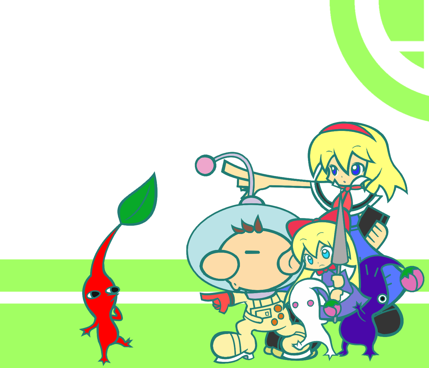 y&k, alice margatroid, olimar, shanghai doll, madou monogatari, nintendo, pikmin (series), puyopuyo, puyopuyo fever, touhou, highres, 1girl, crossover, flat color, parody, pikmin (creature), style parody