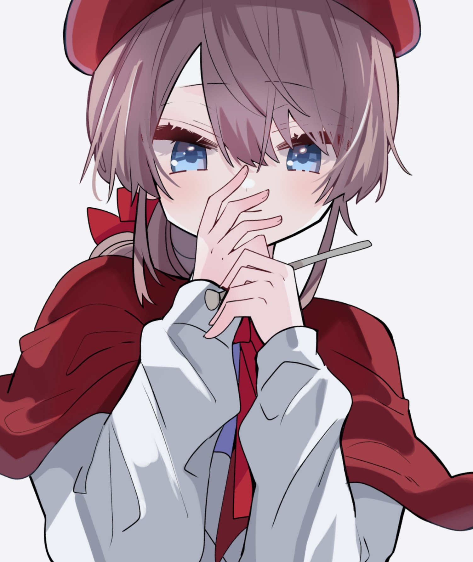 potechi (kaoriion613), edgar valden, identity v, highres, androgynous, beret, blue eyes, blush, bow, capelet, covering own mouth, hat, light blush, looking at viewer, raised eyebrows, red bow, red capelet, red hat, shirt, smile, straight-on, trap, white shirt