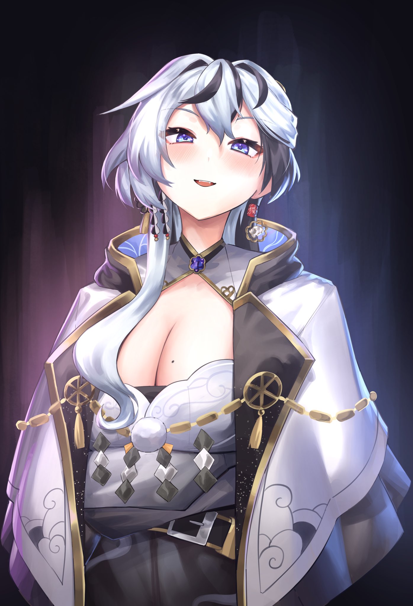 umamii, algorhythm project, highres, 1girl, baku (algorhythm project), black hair, blue eyes, breasts, cape, crossed arms, earrings, jacket, jewelry, long hair, long sleeves, looking at viewer, medium breasts, mole, mole on breast, multicolored hair, open mouth, solo, streaked hair, virtual youtuber, white cape, white hair, white jacket
