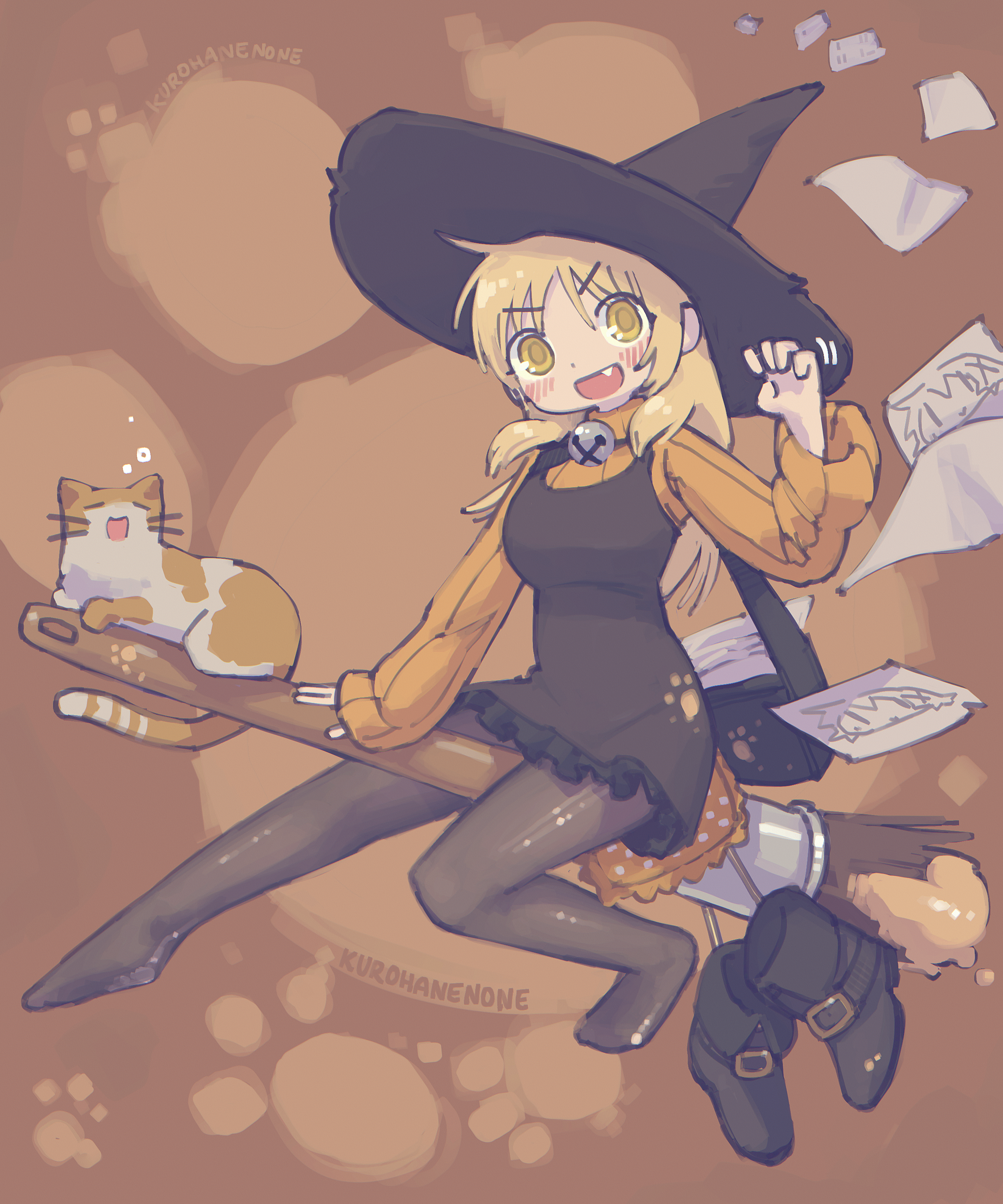 kurohanenone, miyako (hidamari sketch), yuno (hidamari sketch), hidamari sketch, absurdres, highres, 1girl, art brush, artist name, barefoot, bell, belt boots, blonde hair, blush, boots, breasts, broom, broom riding, cat, cushion, dress, fang, flying paper, giant brush, hair ornament, hat, jingle bell, large breasts, long hair, looking at viewer, neck bell, paint, paintbrush, pantyhose, paper, paw pose, polka dot, shoes, sleeveless, sleeveless dress, stained clothes, sweater, unworn shoes, witch, witch hat, x hair ornament, yawning, yellow eyes