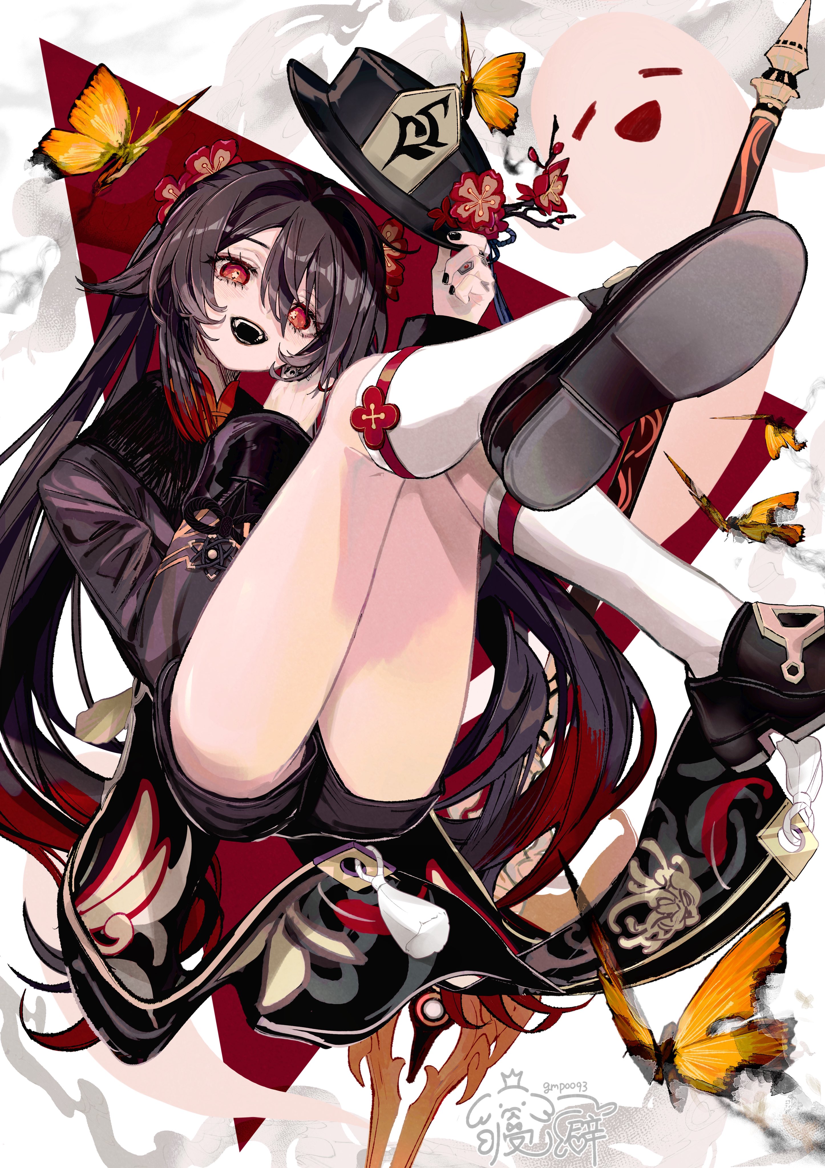 gmpoo93, boo tao (genshin impact), hu tao (genshin impact), genshin impact, absurdres, highres, 1girl, black hair, black hat, black nails, black shoes, bug, butterfly, flower, flower-shaped pupils, full body, ghost, hair between eyes, hair flower, hair ornament, hat, holding, holding unworn clothes, holding unworn hat, insect, kneehighs, long hair, long sleeves, looking at viewer, nail polish, open mouth, red eyes, shoes, simple background, socks, solo, symbol-shaped pupils, teeth, thighhighs, twintails, unworn hat, unworn headwear, very long hair, white background, white socks