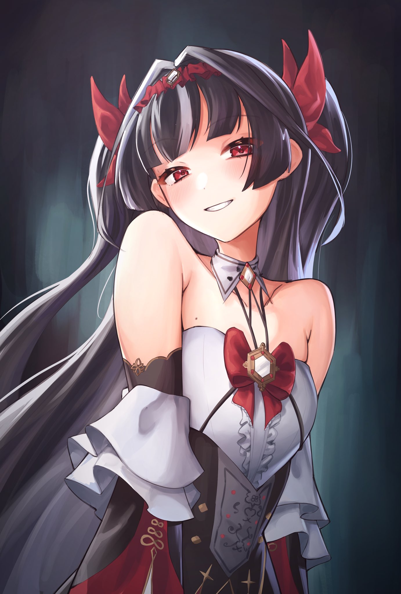 umamii, algorhythm project, highres, 1girl, ayna (algorhythm project), black hair, black sleeves, blush, bow, bowtie, breasts, dress, hair ribbon, hairband, jewelry, long hair, looking at viewer, red bow, red bowtie, red eyes, red hairband, red ribbon, ribbon, small breasts, smile, solo, teeth, twintails, virtual youtuber