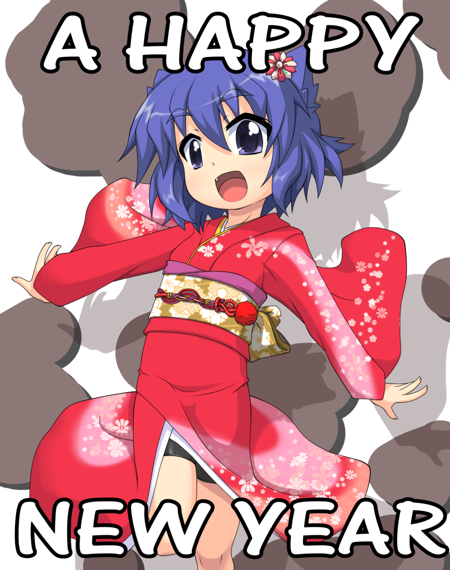 k10k, serizawa akane, pani poni dash!, 00s, 2009, bike shorts, blue eyes, blue hair, fang, hair ornament, japanese clothes, kimono, new year, open mouth, short hair, solo