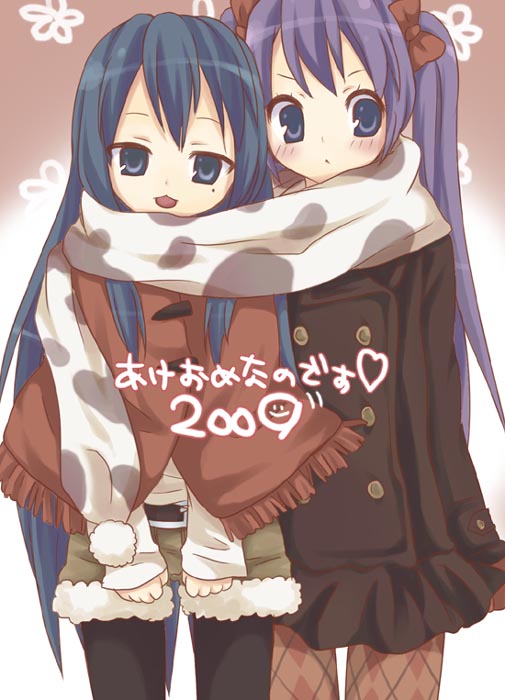 maki (pixiv), hiiragi kagami, izumi konata, lucky star, argyle legwear, black legwear, 00s, 2009, 2girls, :3, argyle clothes, mole, mole under eye, multiple girls, new year, pantyhose, pantyhose under shorts, scarf, shared clothes, shared scarf, shorts