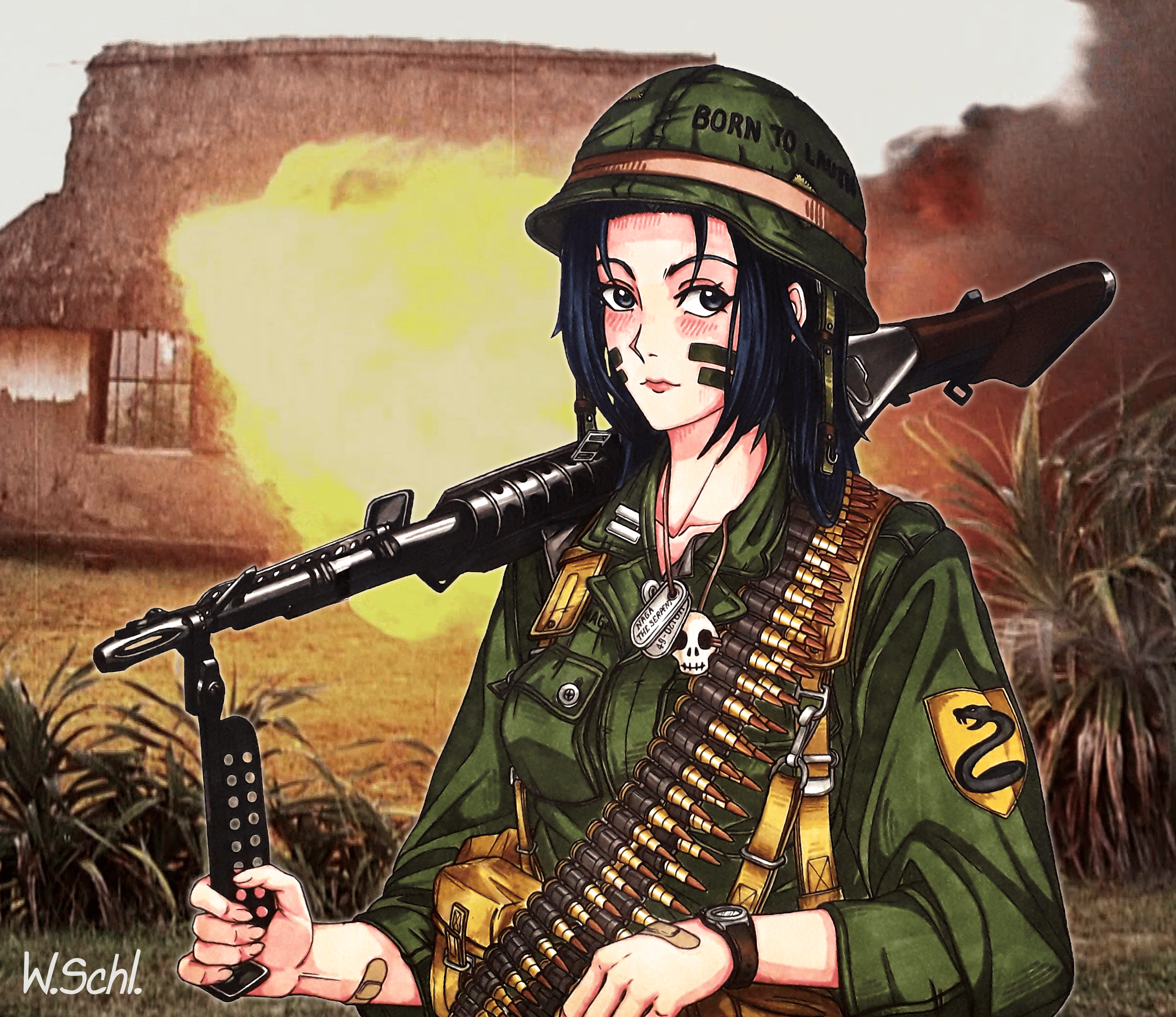 naga the serpent, slayers, absurdres, highres, non-web source, 1girl, ammunition belt, ammunition pouch, blue hair, fire, grey eyes, gun, long hair, machine gun, pouch, shell casing, soldier, vietnam war, weapon
