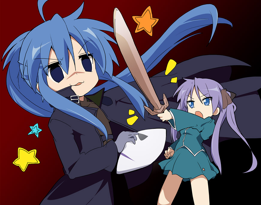 ixy, hei (darker than black), hiiragi kagami, izumi konata, kannagi ayano, darker than black, kaze no stigma, lucky star, 2girls, :3, cosplay, hei (cosplay), kannagi ayano (cosplay), multiple girls, scar, scar on face, scar on nose, sword, weapon