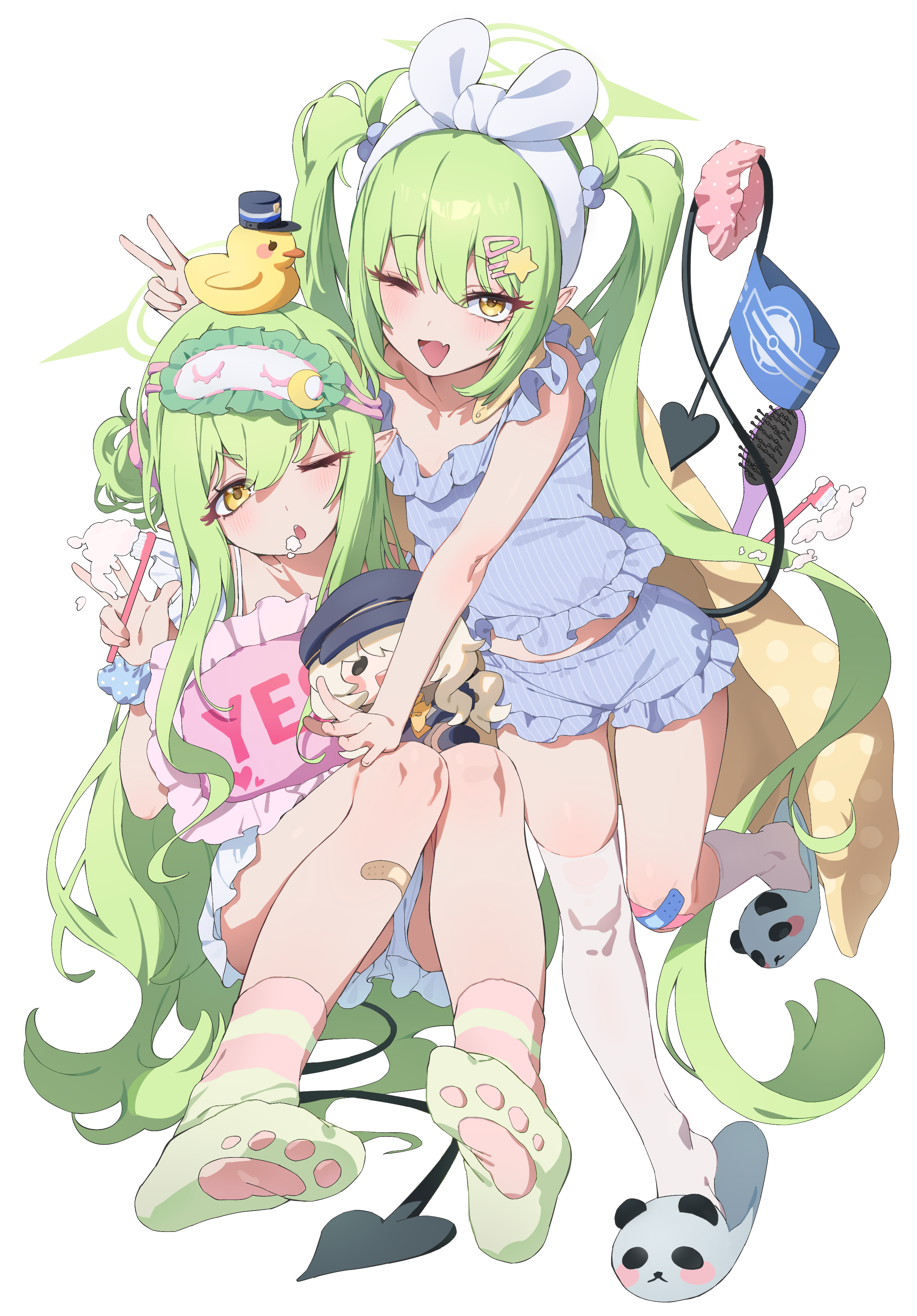 tanghulu (bbbb1123112), aoba (blue archive), hikari (blue archive), nozomi (blue archive), blue archive, absurdres, commentary, highres, 2girls, :d, alternate costume, animal slippers, asymmetrical legwear, bandaid, bandaid on knee, bandaid on leg, bloomers, blue bloomers, blue camisole, camisole, character doll, demon girl, demon tail, doll, fang, green hair, green halo, green socks, hair brush, hair ornament, hairclip, halo, holding, holding toothbrush, long hair, mismatched legwear, multiple girls, one eye closed, open mouth, pajamas, panda slippers, parallel hairclips, paw print soles, pointy ears, rubber duck, siblings, simple background, single sock, single thighhigh, sisters, skin fang, sleep mask, slippers, smile, socks, star (symbol), star hair ornament, striped clothes, striped socks, tail, thighhighs, toothbrush, twins, twintails, underwear, v-shaped eyebrows, very long hair, white background, white socks, white thighhighs, yellow eyes, yes, yes-no pillow
