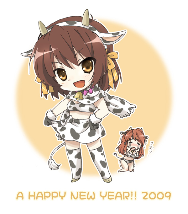 kona, kona (canaria), asahina mikuru, suzumiya haruhi, suzumiya haruhi no yuuutsu, 00s, 2009, 2girls, animal print, chibi, cow print, multiple girls, new year, thighhighs