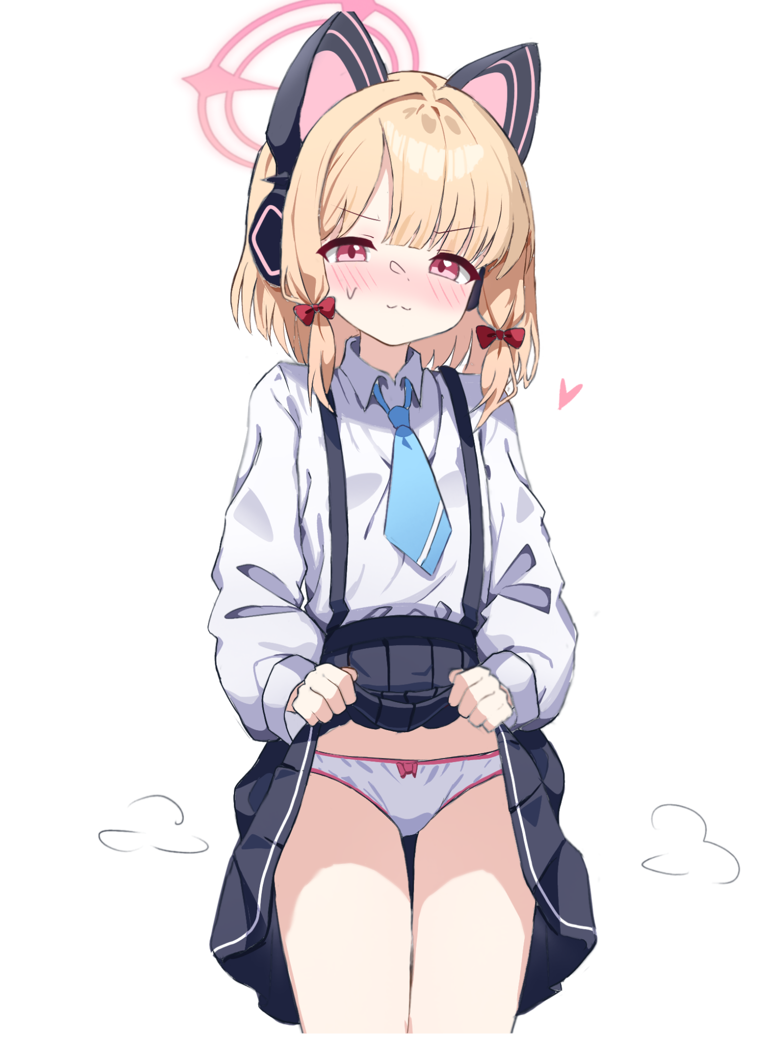 cardcat 00, momoi (blue archive), blue archive, highres, 1girl, animal ear headphones, animal ears, black skirt, blonde hair, blue necktie, blush, bow, clothes lift, fake animal ears, halo, headphones, lifting own clothes, necktie, panties, shirt, simple background, skirt, skirt lift, solo, suspender skirt, suspenders, underwear, white background, white panties, white shirt
