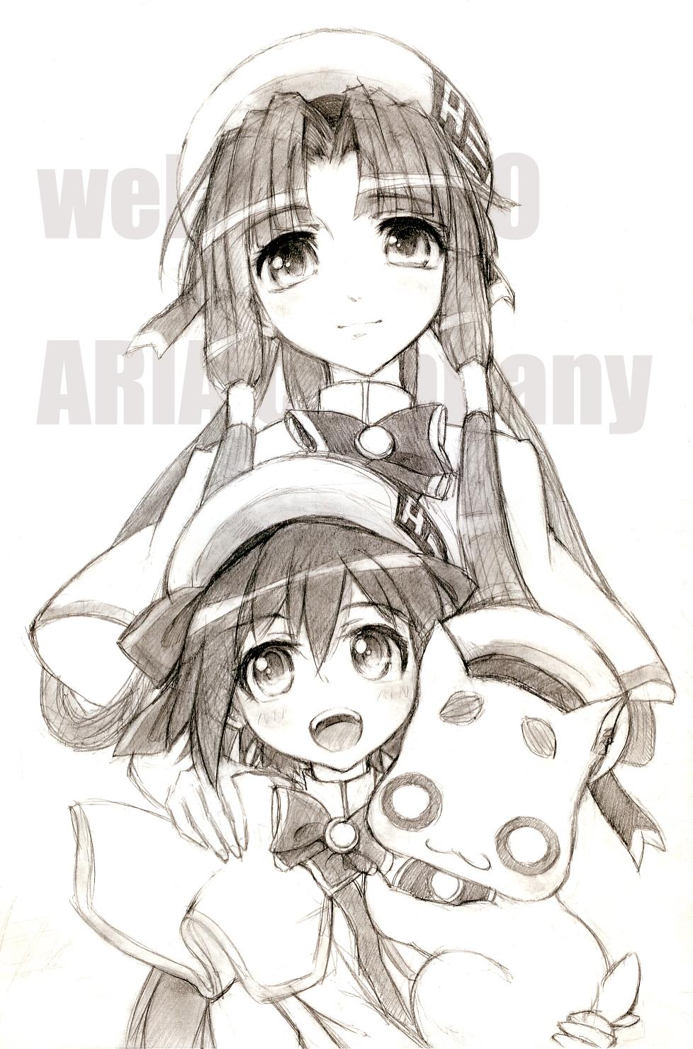 kisetsu, aino ai, aria pokoteng, mizunashi akari, aria (manga), bad id, bad pixiv id, highres, traditional media, 00s, 2girls, cat, hat, high collar, monochrome, multiple girls, sepia, sidelocks, sketch