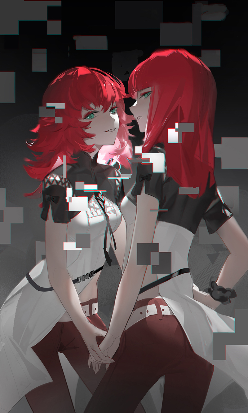 chanc030, devola, popola, nier:automata, nier (series), highres, 2girls, belt, breasts, cowboy shot, digital dissolve, green eyes, long hair, medium breasts, messy hair, multiple girls, pants, parted lips, red hair, red pants, scrunchie, short sleeves, siblings, sisters, twins, white belt, wrist scrunchie
