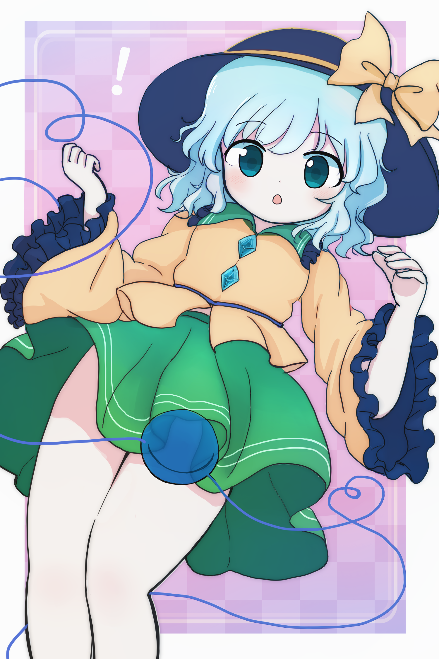 azuma meri, komeiji koishi, touhou, commentary, highres, !, 1girl, :o, black hat, blush, bow, checkered background, green eyes, green hair, green skirt, hat, hat bow, heart, heart of string, legs, long sleeves, looking at viewer, open mouth, pink background, shirt, short hair, skirt, solo, third eye, yellow bow, yellow shirt