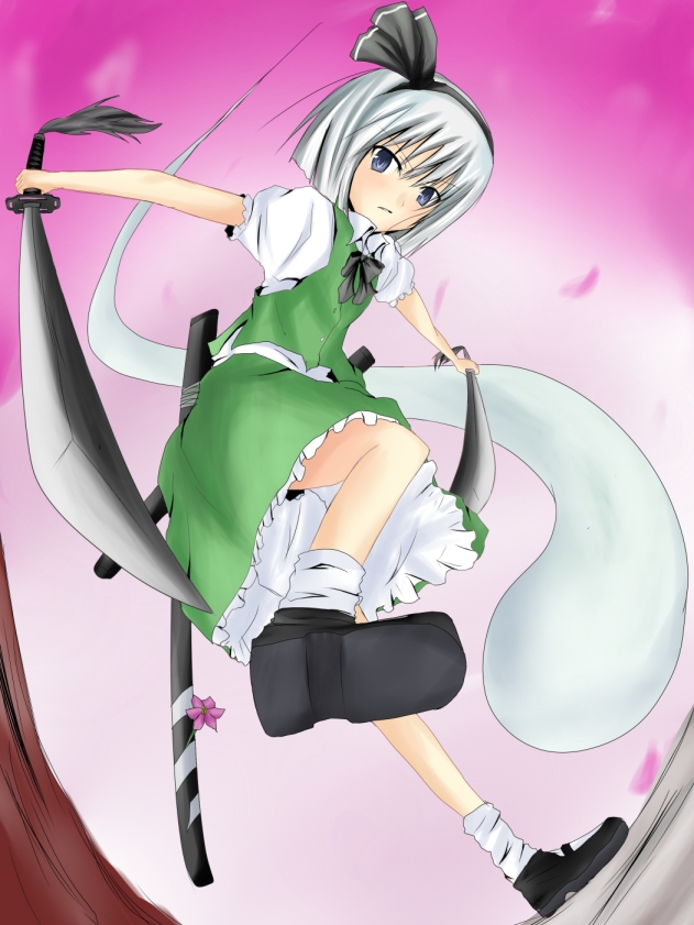 ram hachimin, konpaku youmu, konpaku youmu (ghost), touhou, 1girl, cherry blossoms, dual wielding, female focus, from below, hairband, hitodama, holding, katana, short hair, solo, sword, tanto, weapon, white hair
