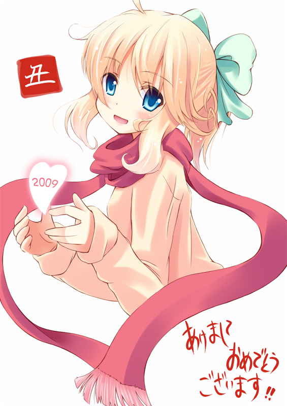 komone ushio, esia mariveninne (komone ushio), original, 00s, 1girl, 2009, blonde hair, blue eyes, bow, female focus, hair bow, heart, new year, red scarf, scarf, solo