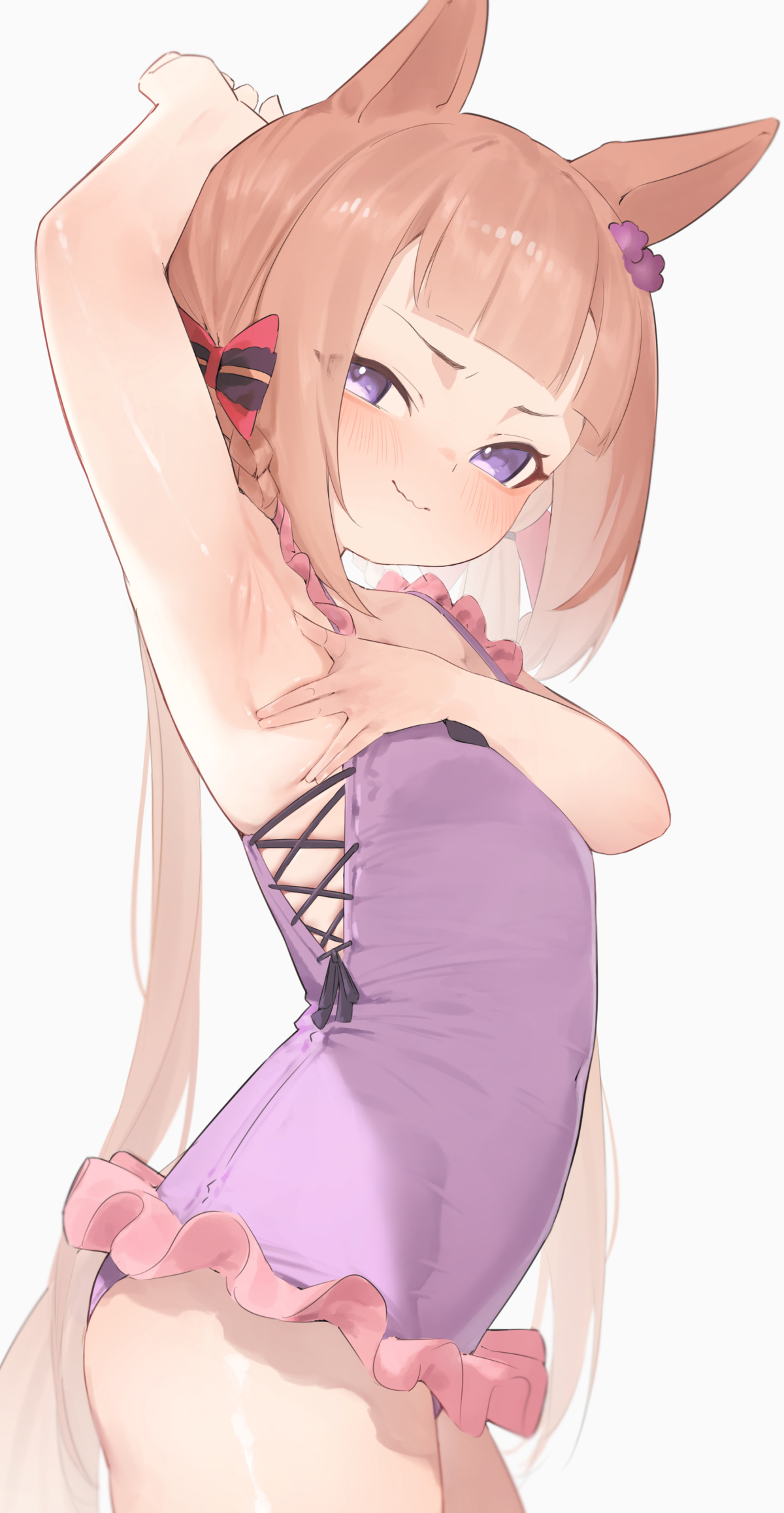 xaea xp, sweep tosho (monopolizing the chill?) (umamusume), sweep tosho (umamusume), umamusume, highres, 1girl, animal ears, arm up, armpits, blush, braid, braided hair rings, breasts, brown hair, casual one-piece swimsuit, closed mouth, frilled one-piece swimsuit, frills, hair rings, horse ears, horse girl, horse tail, long hair, looking at viewer, nose blush, official alternate costume, one-piece swimsuit, presenting armpit, purple eyes, purple one-piece swimsuit, simple background, small breasts, solo, swimsuit, tail, wavy mouth, white background
