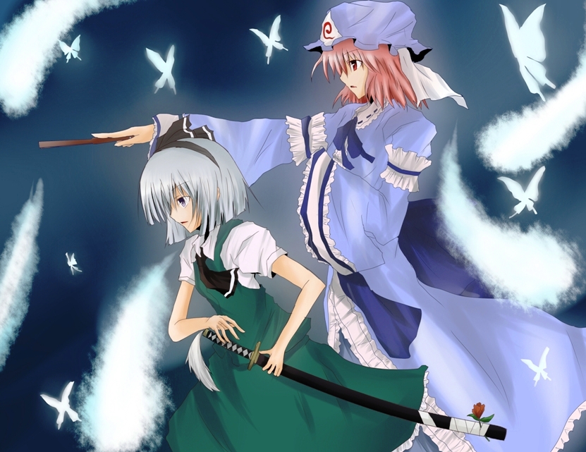 ram hachimin, konpaku youmu, konpaku youmu (ghost), saigyouji yuyuko, touhou, 2girls, bug, butterfly, female focus, fighting stance, flower, folded fan, folding fan, hairband, hand fan, hat, hitodama, insect, katana, multiple girls, pink hair, ready to draw, sheath, sheathed, short hair, sword, weapon, white hair