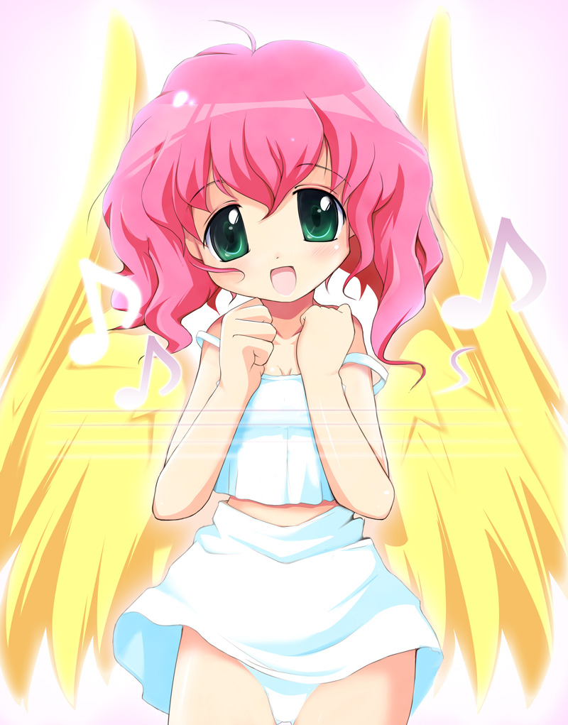 milk (artist), harpy (puyopuyo), madou monogatari, puyopuyo, bad id, bad pixiv id, 1girl, female focus, green eyes, harpy, monster girl, panties, pink hair, short hair, solo, underwear, wings