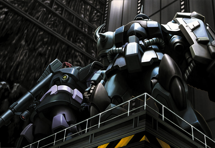 twinbell, dom (mobile suit), gouf, gouf custom, gundam, gundam 08th ms team, bad id, bad pixiv id, elevator, m1 bazooka, mecha, robot, rocket launcher, weapon
