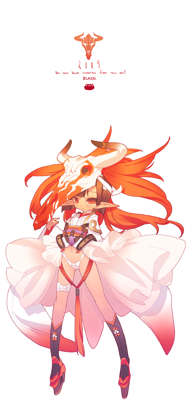 blade (galaxist), original, bad id, bad pixiv id, highres, long image, tall image, 1girl, brown hair, female focus, horns, mask, navel, pointy ears, red eyes, short hair, skull, solo