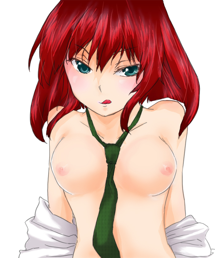 signalpink, 1girl, :d, breasts, female focus, naked shirt, naughty face, necktie, nipples, no bra, open mouth, red hair, shirt, smile, solo, tongue, topless female