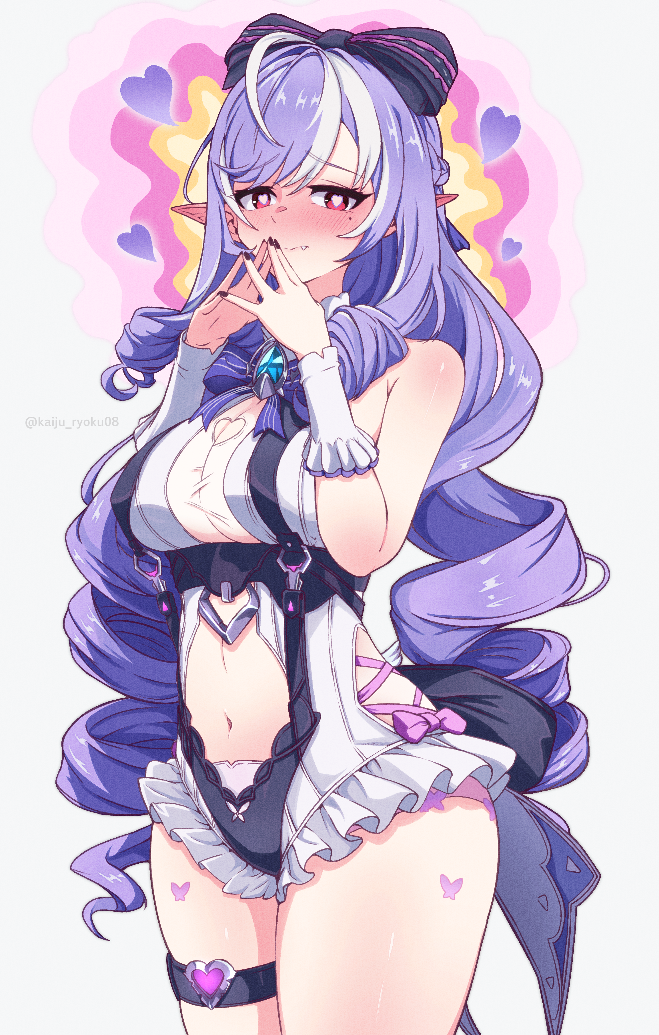 kaiju ryoku, vivian banshee, vivian banshee (iris of the shore), zenless zone zero, absurdres, commentary request, highres, 1girl, blush, breasts, clothing cutout, cowboy shot, drill hair, hands up, heart, heart-shaped pupils, heart cutout, large breasts, long hair, looking at viewer, mole, mole under eye, multicolored hair, one-piece swimsuit, purple hair, red eyes, simple background, solo, steepled fingers, stomach cutout, streaked hair, swimsuit, symbol-shaped pupils, thigh strap, thighs, white background, white hair, white one-piece swimsuit