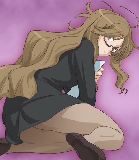 haruyama kazunori, goroumaru touko, mushiuta, 1girl, blush, brown eyes, brown hair, female focus, glasses, long hair, miniskirt, pantyhose, pencil skirt, skirt, solo