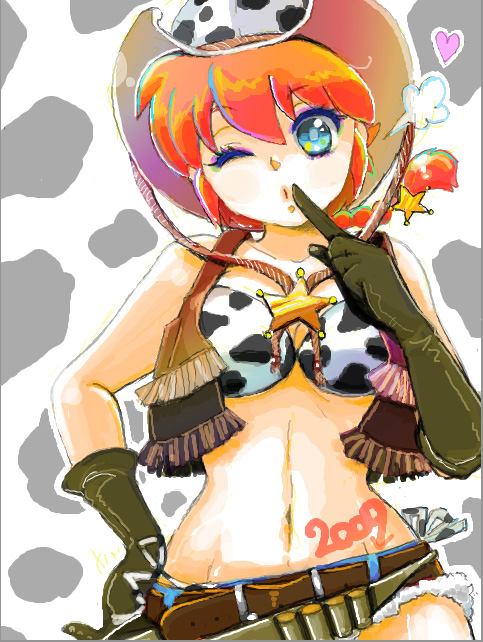 hoshino lala, ranma-chan, saotome ranma, ranma 1/2, 00s, 1girl, 2009, animal print, blowing kiss, blue eyes, braid, breasts, cleavage, cow print, cowboy, cowboy hat, cowboy western, female focus, fringe trim, genderswap, genderswap (mtf), gloves, hat, heart, medium breasts, midriff, new year, one eye closed, red hair, single braid, solo, western, wink