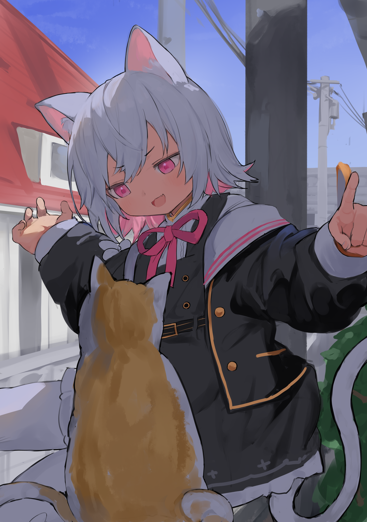 pocche-ex, sayo (voicevox), voicevox, commentary request, highres, webp-to-png conversion, 1girl, animal, animal ears, blue sky, bow, bowtie, building, cat, cat ears, cat girl, cat tail, colored inner hair, dress, fang, grey hair, looking at animal, medium hair, multicolored hair, open mouth, outdoors, outstretched arms, pink bow, pink bowtie, pink hair, power lines, sailor collar, skin fang, sky, solo, spread arms, tail, utility pole