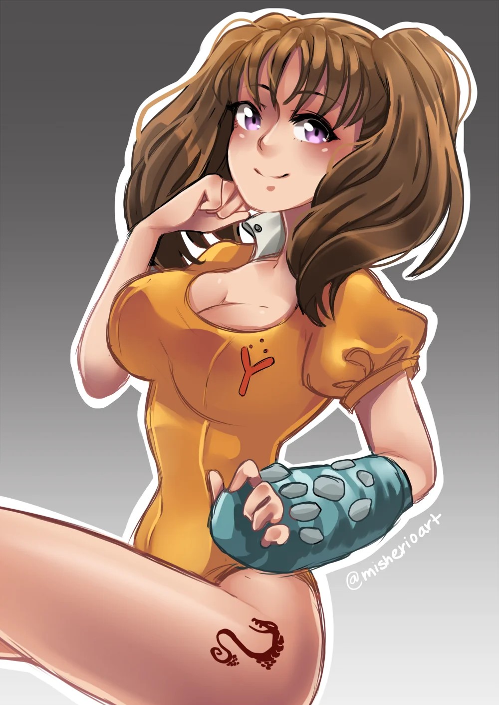 diane (nanatsu no taizai), nanatsu no taizai, 1girl, breasts, brown hair, cleavage cutout, clothing cutout, fingerless gloves, gloves, large breasts, leg tattoo, leotard, long hair, misherio, purple eyes, short sleeves, single glove, snake tattoo, tattoo, twintails