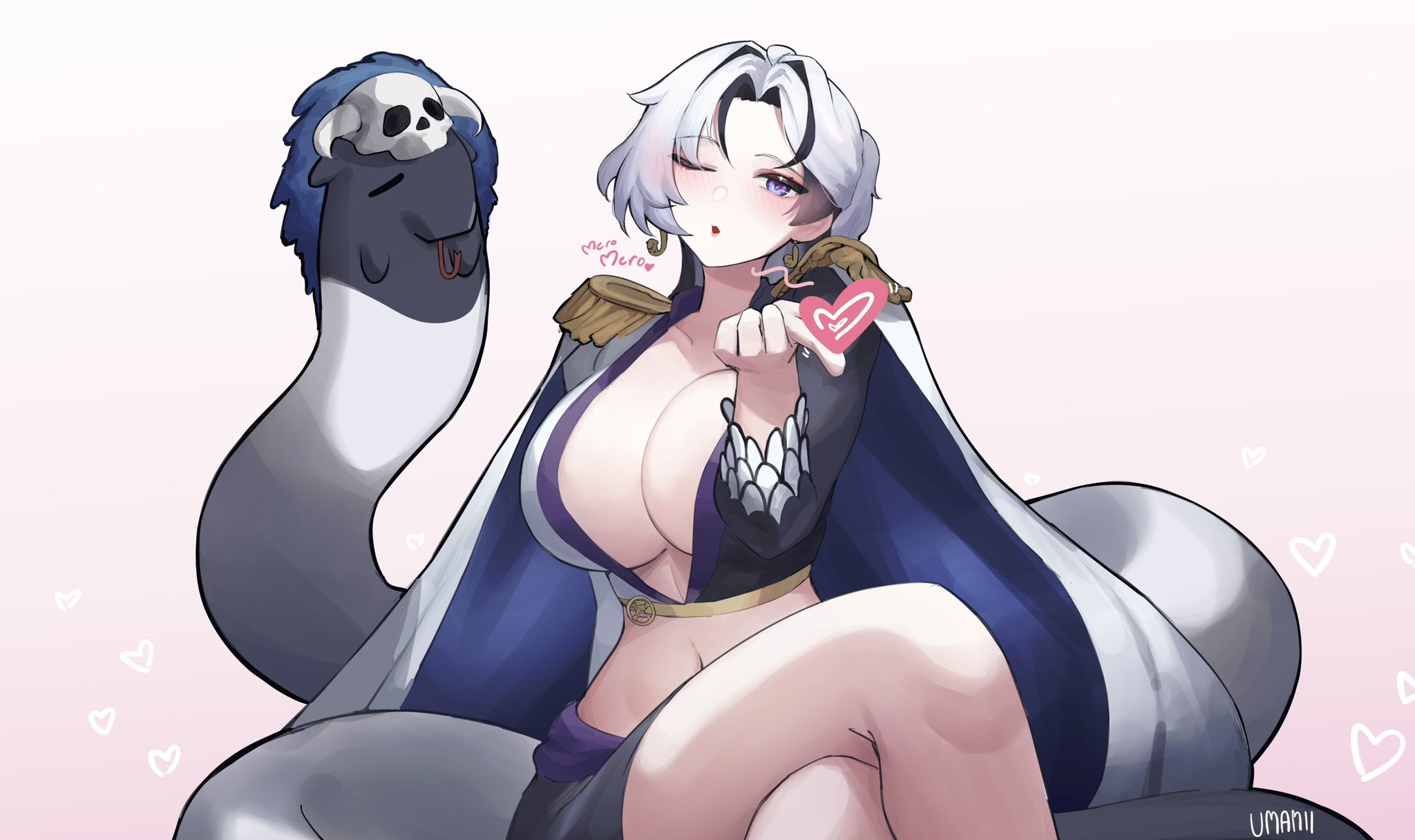 umamii, boa hancock, algorhythm project, one piece, highres, 1girl, armpits, baku (algorhythm project), black hair, blue eyes, boa hancock (cosplay), breasts, cape, cosplay, crop top, earrings, jewelry, large breasts, long hair, midriff, multicolored hair, one eye closed, snake, snake earrings, solo, streaked hair, virtual youtuber, white cape, white hair