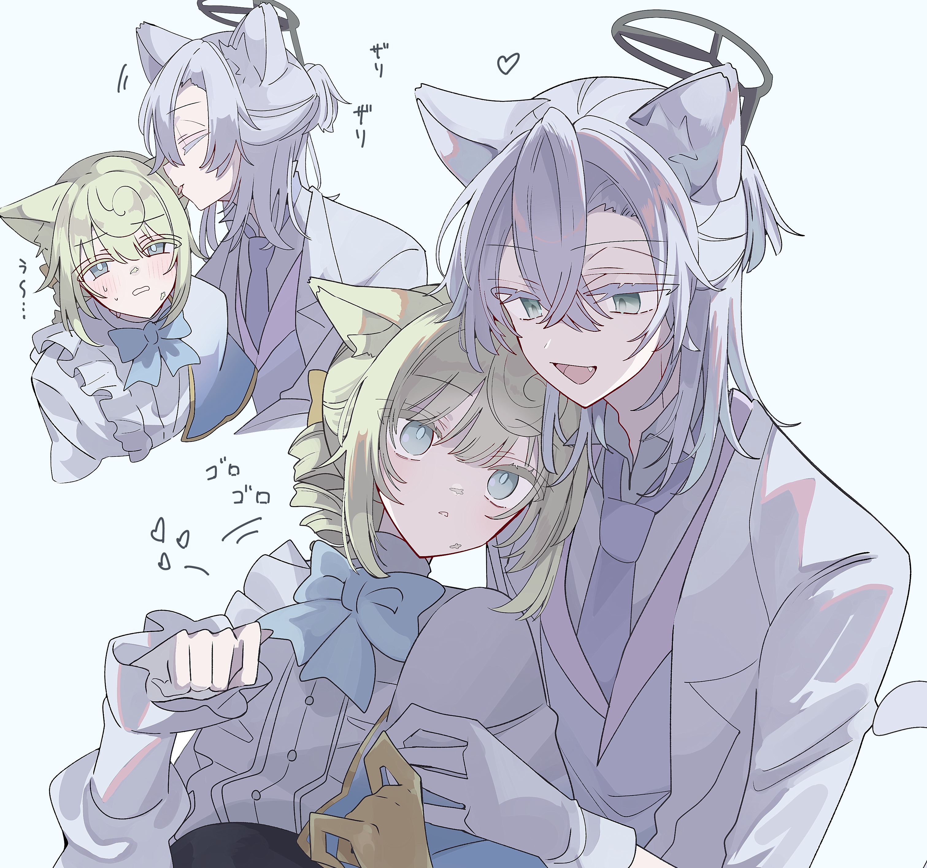 potechi (kaoriion613), luca balsa, luca balsa (paranormal detective), identity v, absurdres, highres, 2boys, :d, animal ears, blonde hair, blue bow, blue eyes, blue necktie, blush, bow, cat boy, cat ears, closed eyes, crossed bangs, drill hair, drill ponytail, fang, frilled shirt, frilled sleeves, frills, grey hair, hair between eyes, half updo, jacket, licking, looking at another, male focus, multiple boys, necktie, official alternate costume, open mouth, ponytail, puffy sleeves, shirt, smile, striped blush, triangle mouth, vest, white jacket, white vest, yaoi, yellow bow