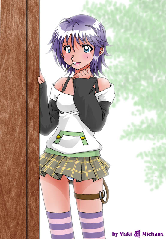 maki michaux, shirayuki mizore, rosario+vampire, 00s, 1girl, blue eyes, candy, female focus, food, lollipop, miniskirt, panties, plaid clothes, plaid skirt, purple hair, short hair, skirt, smile, solo, striped clothes, striped thighhighs, thigh strap, thighhighs, underwear