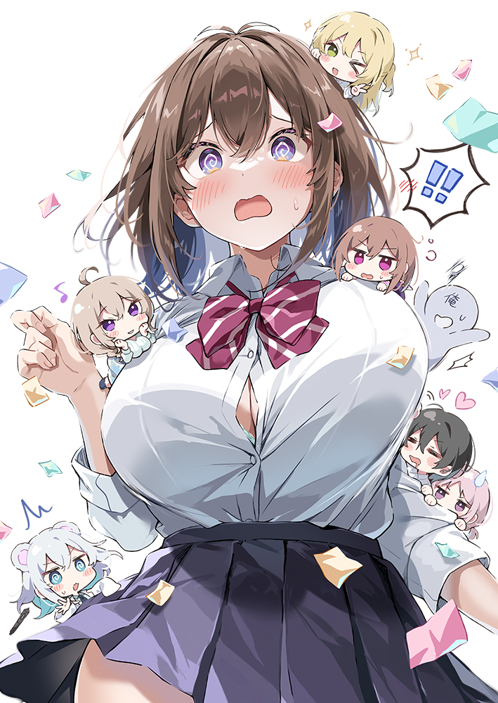 sirokuma shake, hawawa-chan's friend (sirokuma shake), hawawa-chan's mother (sirokuma shake), hawawa-chan's sister (sirokuma shake), hawawa-chan (sirokuma shake), original, !, !!, 1boy, 6+girls, :d, ahoge, animal ears, aqua bra, aqua eyes, bear ears, black skirt, blonde hair, blush, bouncing breasts, bra, bra peek, breasts, brown hair, bursting breasts, chibi, cleavage, closed eyes, collared shirt, faceless, faceless male, green eyes, grey hair, hair between eyes, large breasts, long sleeves, multicolored hair, multiple girls, open mouth, pleated skirt, popped button, purple eyes, purple hair, school uniform, shirt, simple background, skirt, smile, standing, sweatdrop, two-tone hair, underwear, upper body, wavy mouth, white background, white shirt