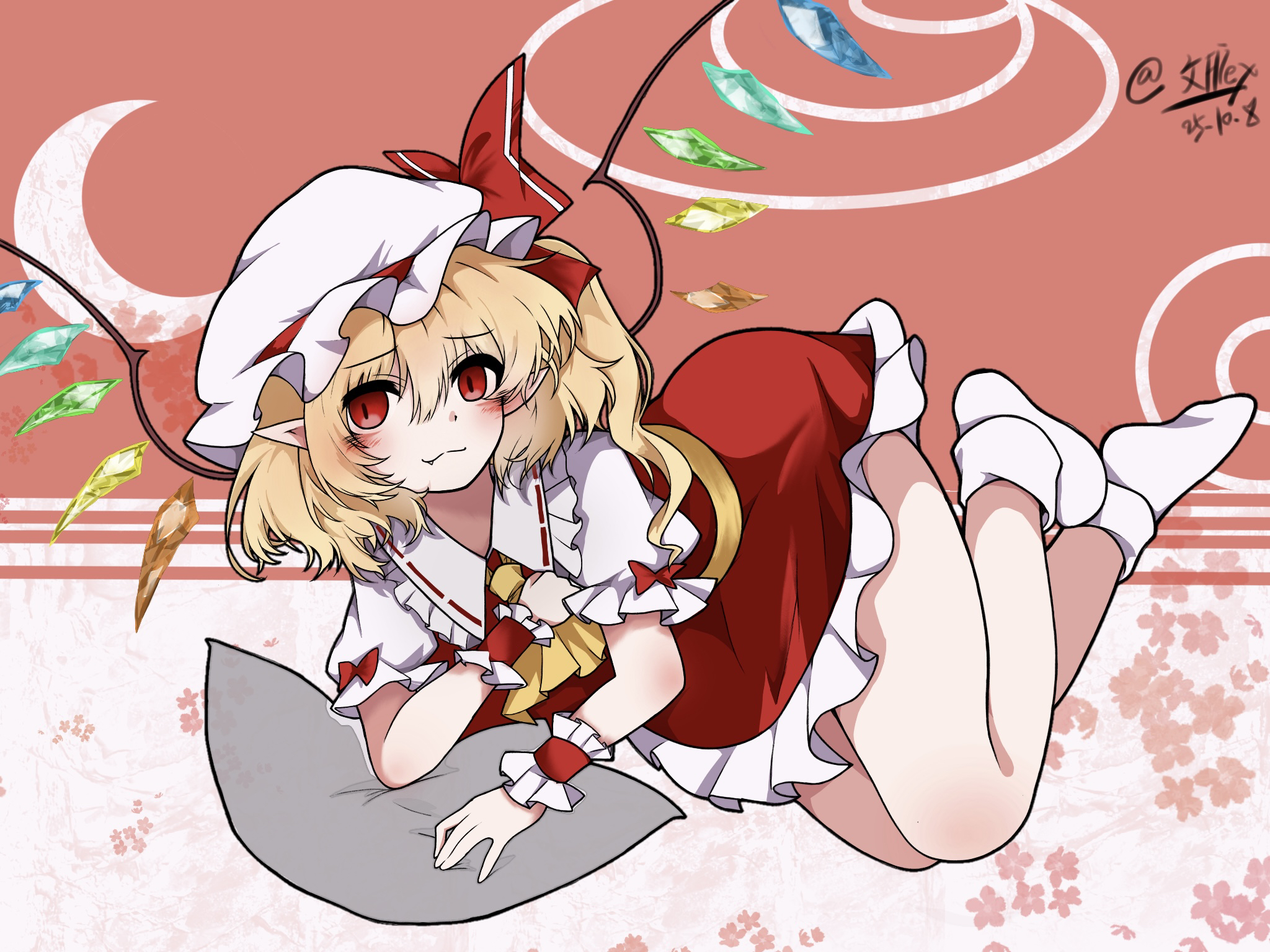 fliex, flandre scarlet, touhou, highres, 1girl, ascot, blonde hair, blush, crystal, crystal wings, frilled shirt collar, frills, full body, hat, hat ribbon, looking at viewer, mob cap, puffy short sleeves, puffy sleeves, red eyes, red skirt, red vest, ribbon, shirt, short hair, short sleeves, side ponytail, skirt, skirt set, smile, socks, solo, vest, white shirt, wings, wrist cuffs, yellow ascot