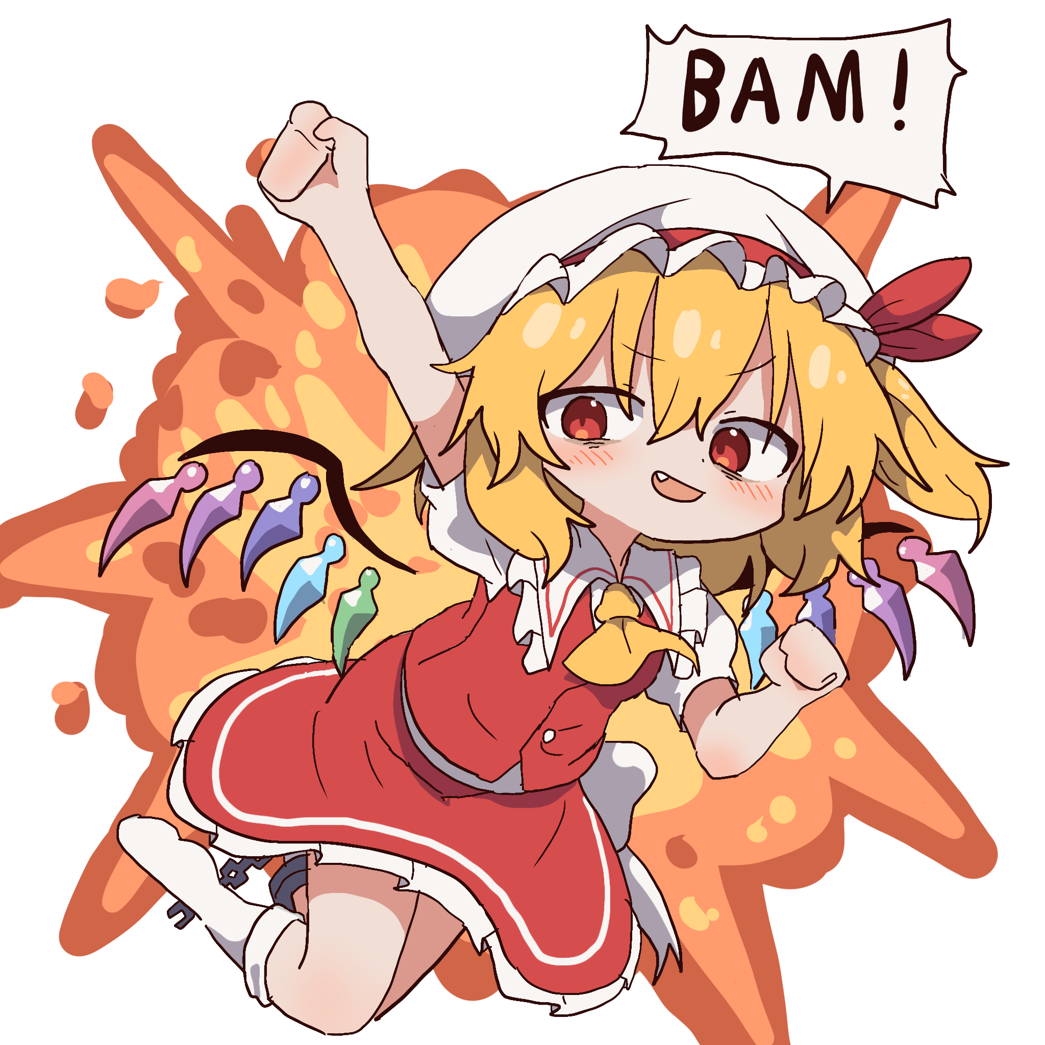 magg (user mtca8588), flandre scarlet, touhou, highres, 1girl, ascot, blonde hair, blush, chibi, crystal, crystal wings, fang, full body, hair between eyes, hat, looking at viewer, mob cap, open mouth, puffy short sleeves, puffy sleeves, red eyes, red skirt, red vest, shirt, short sleeves, side ponytail, simple background, skirt, skirt set, smile, socks, solo, vest, white background, white socks, wings, yellow ascot
